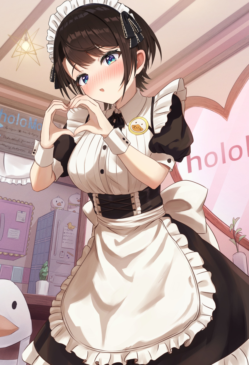 1girl, alternate_costume, apron, black_dress, blue_eyes, blush, brown_hair, dress, heart, heart_hands, highres, hololive, looking_at_viewer, maid, maid_apron, maid_headdress, oozora_subaru, open_mouth, solo, takotakochan_1006, virtual_youtuber, white_apron, white_wrist_cuffs, wrist_cuffs