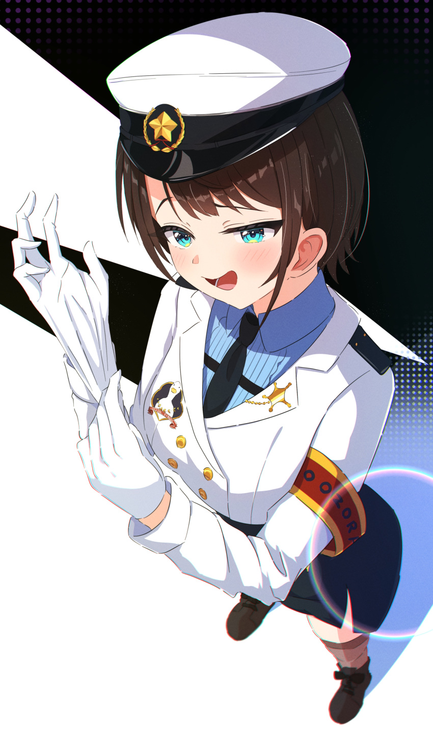 1girl, absurdres, adjusting_eyewear, armband, black_hat, black_necktie, black_shoes, blue_eyes