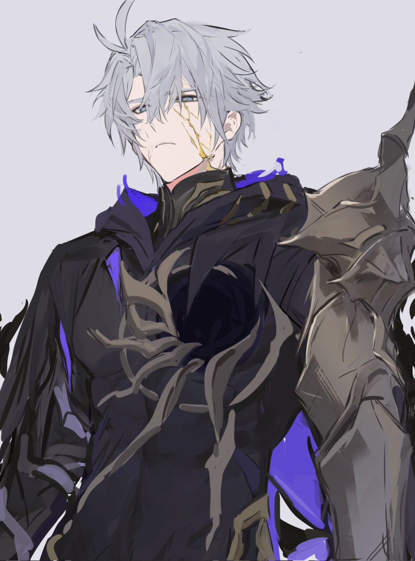 antenna_hair, aqua_eyes, cloak, commentary, cracked_skin, flame_reaver_of_the_deepest_dark, from_below, highres