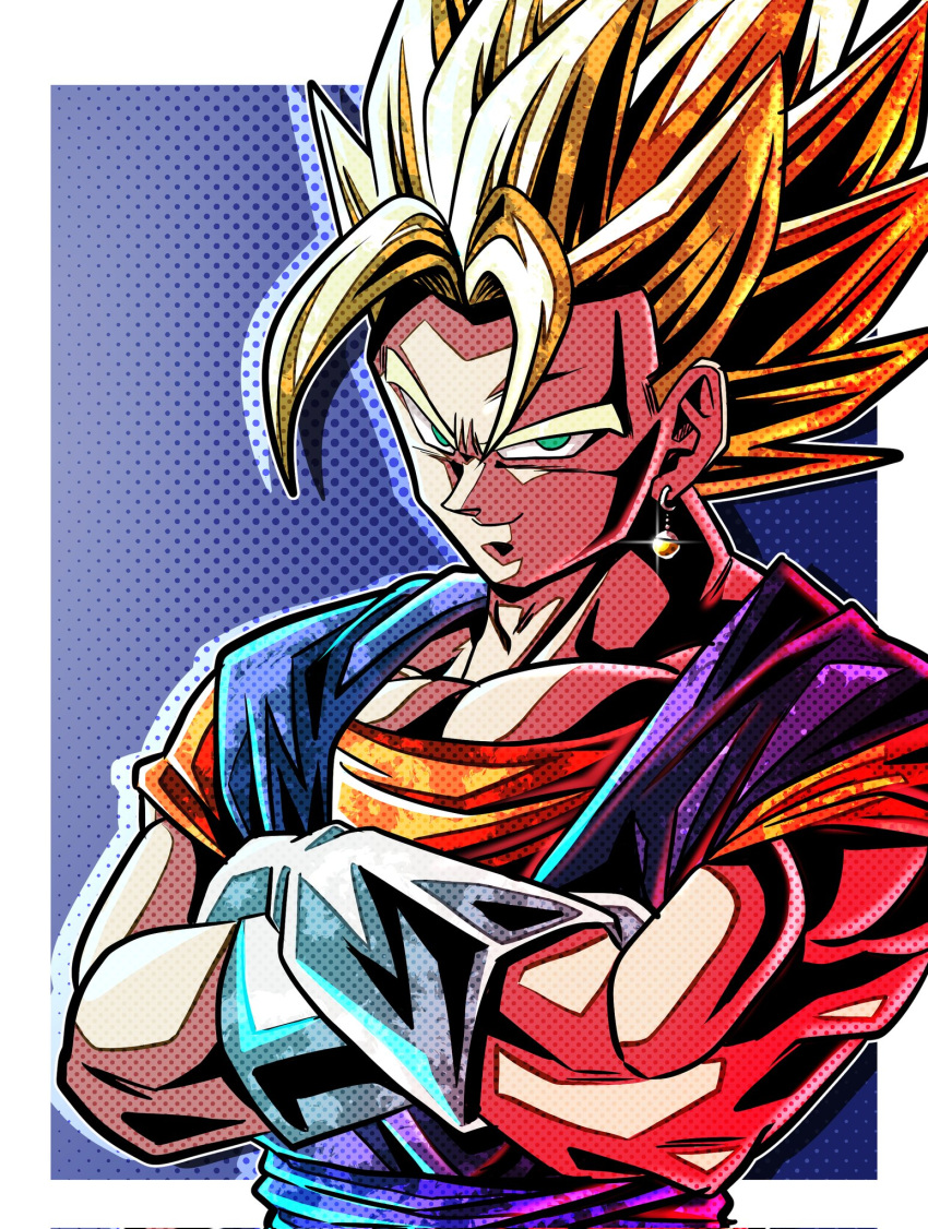 1boy, blonde_hair, blue_background, blue_sash, blue_shirt, border, commentary_request, crossed_arms