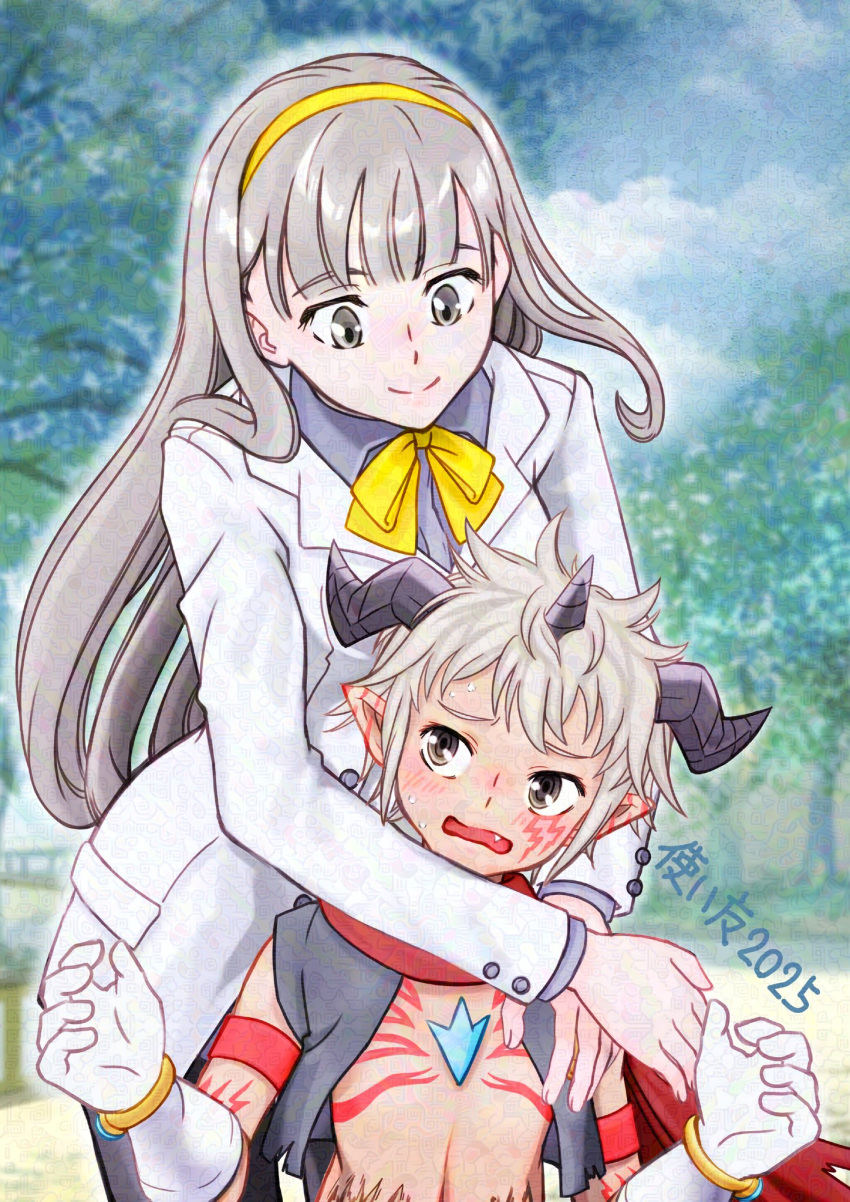 1boy, 1girl, aegiomon, black_vest, blurry, blurry_background, breasts, chest_jewel