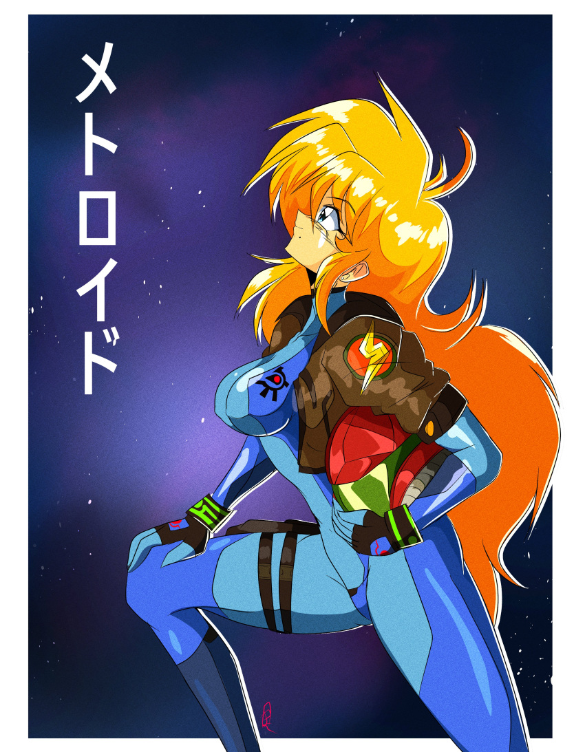 1990s_(style), 1girl, absurdres, big_hair, blonde_hair, blue_eyes, bodysuit, breasts