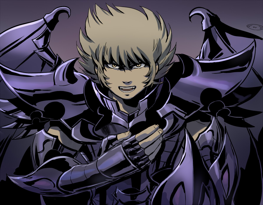 1boy, armor, blonde_hair, bowing, dragon_wings, hand_on_own_chest, looking_at_viewer, male_focus