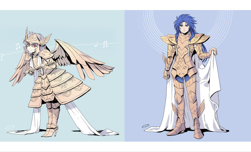 2boys, armor, armored_dress, blue_eyes, blue_hair, boots, cape, cape_lift