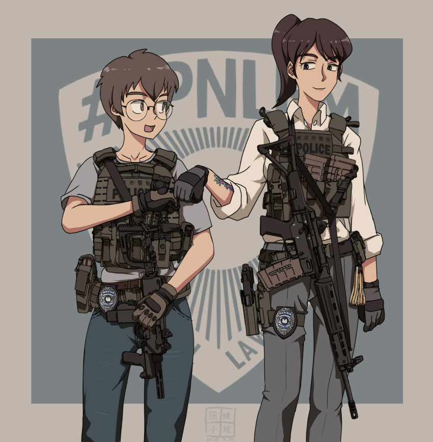1boy, 1girl, ammunition_pouch, arm_tattoo, assault_rifle, belt, belt_pouch, breasts