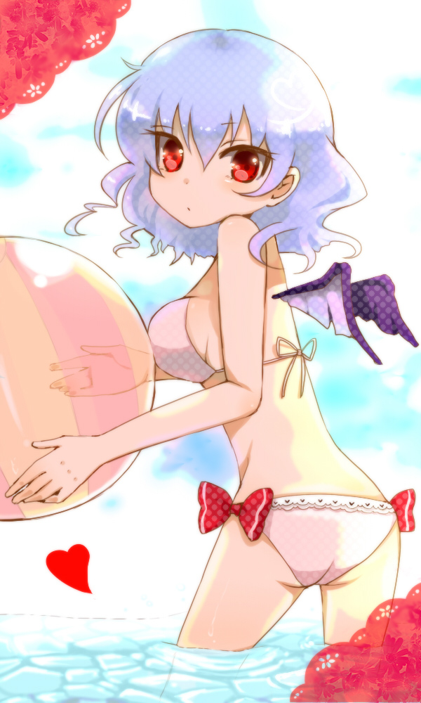ass, bad_id, ball, bare_shoulders, bat_wings, beachball, bikini, blue_hair, bow, breast_press, breasts, heart, looking_back, mya_(ma0ma0ma), red_eyes, remilia_scarlet, short_hair, solo, swimsuit, touhou, wading, water, wings