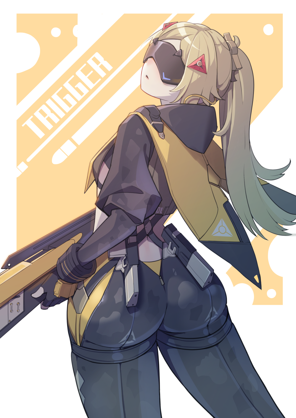 1girl, ass, black_blindfold, black_pants, black_shrug, blindfold, blonde_hair, camouflage
