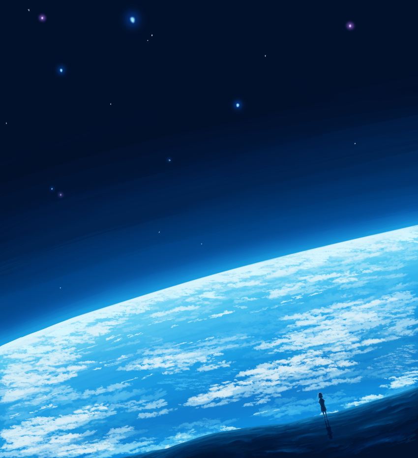 1girl, blue_theme, clouds, commentary, earth_(planet), english_commentary, full_body, highres