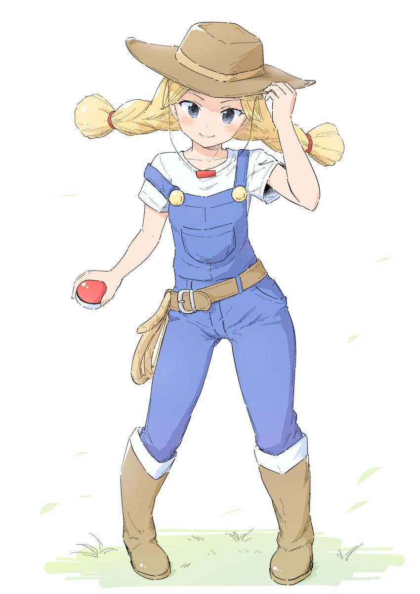 1girl, belt, black_eyes, blue_overalls, blush, boots, brown_belt, brown_boots