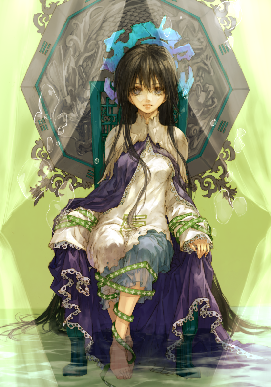 brown_hair, chair, face, feet_in_water, houshin_engi, lips, long_hair, natadekoko, ribbon, ryuukitsu_koushu, sleeves_past_wrists, soaking_feet, water