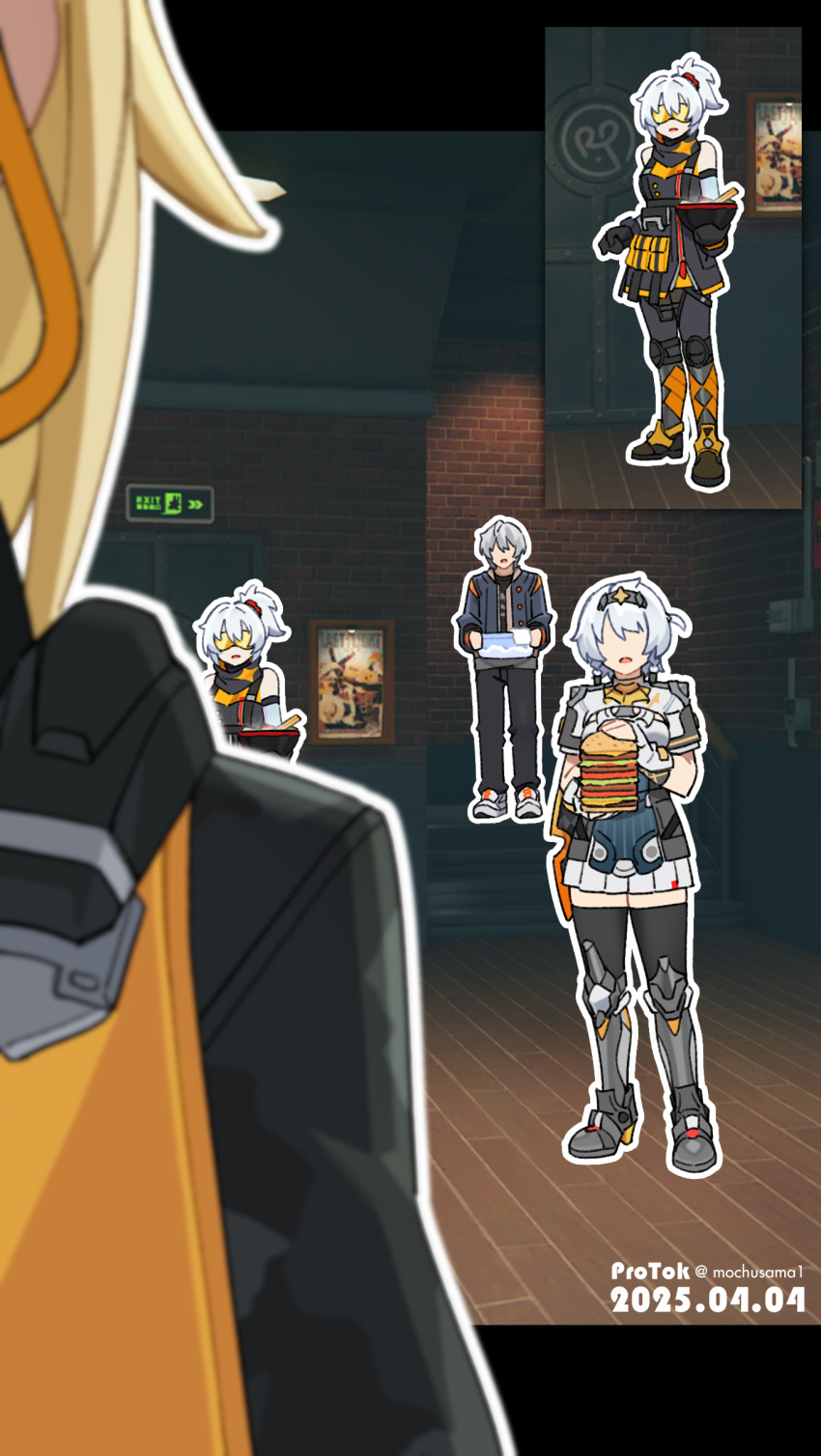 1boy, 3girls, absurdres, anby_demara, anby_demara_(silver_soldier), black_dress, black_pants, black_shirt