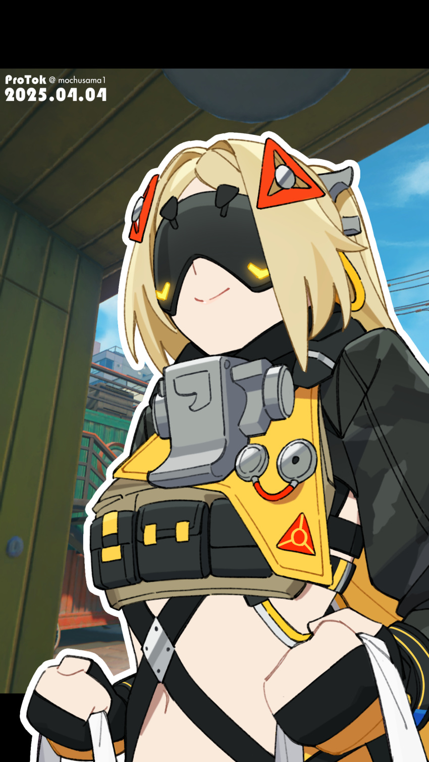 1girl, absurdres, black_blindfold, black_pants, black_shrug, blindfold, blonde_hair, camouflage, camouflage_jacket, camouflage_pants, hair_ornament, highres, jacket, latex_pants, long_hair, mochusama, pants, shrug_(clothing), smile, triangle_hair_ornament, trigger_(zenless_zone_zero), upper_body, zenless_zone_zero