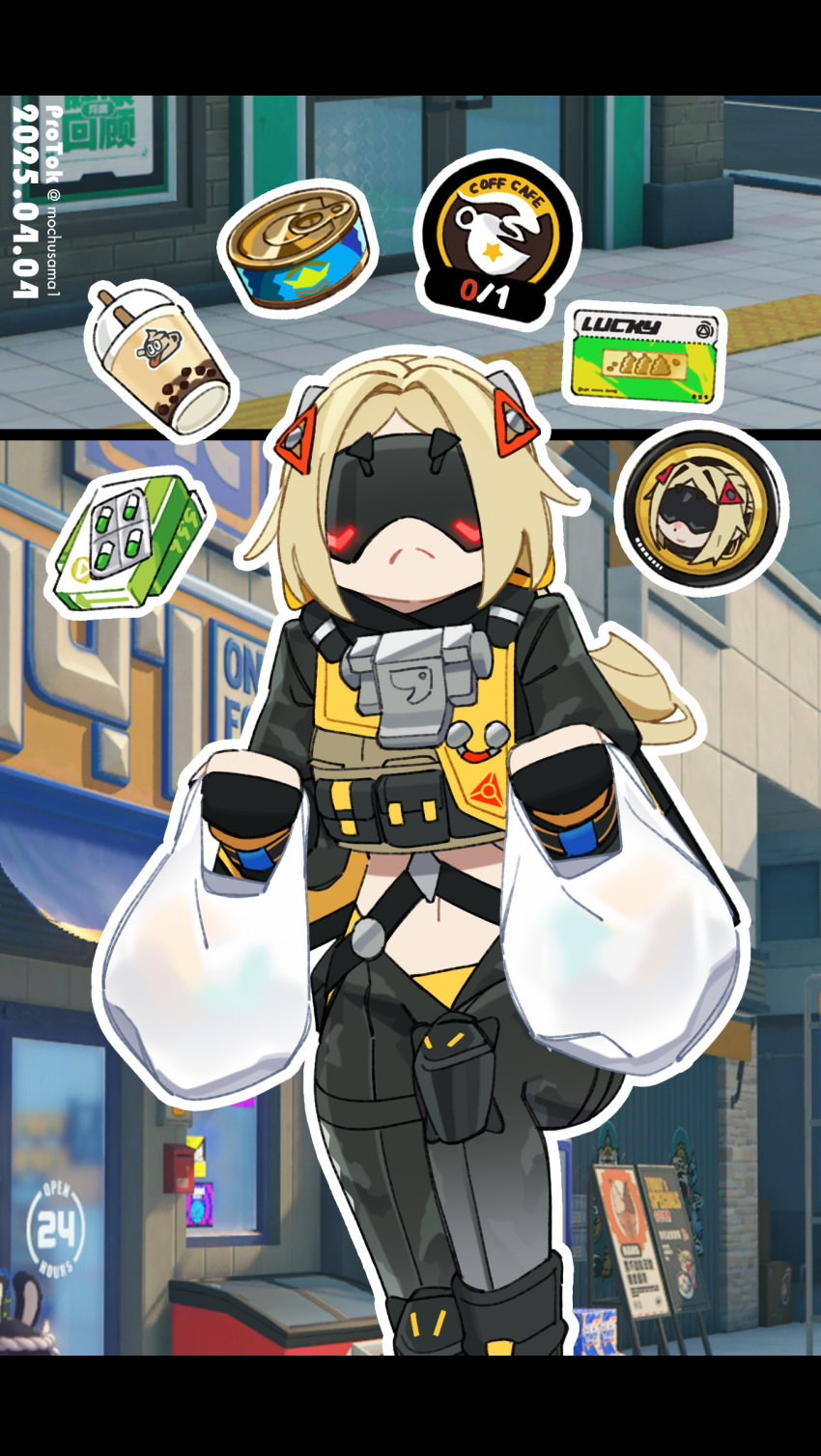 1girl, absurdres, bag, black_blindfold, black_pants, black_shrug, blindfold, blonde_hair, camouflage, camouflage_jacket, camouflage_pants, hair_ornament, highres, holding, holding_bag, jacket, latex_pants, long_hair, medicine, mochusama, outdoors, pants, shrug_(clothing), ticket, triangle_hair_ornament, trigger_(zenless_zone_zero), zenless_zone_zero