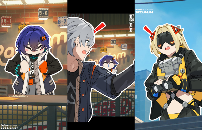 >_<, 1boy, 2girls, absurdres, belle_(zenless_zone_zero), binoculars, black_blindfold, black_jacket