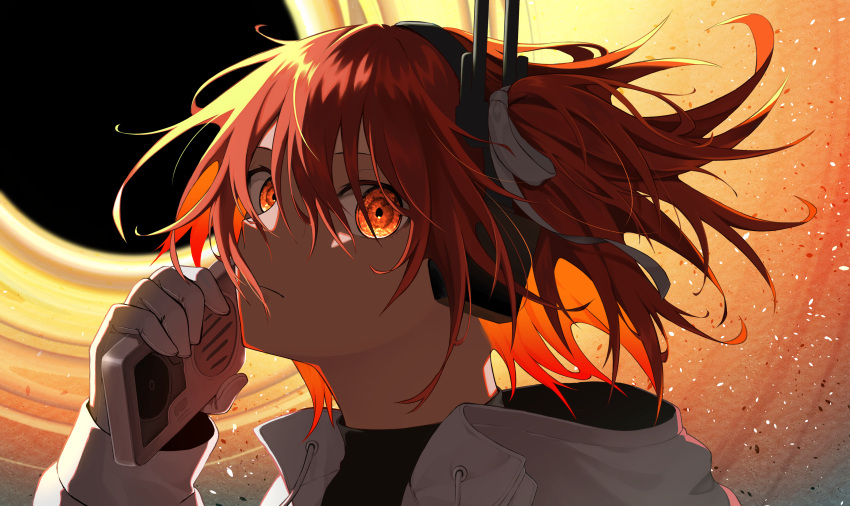 1girl, a.i._voice, absurdres, adachi_rei, black_hole, black_shirt, cassette_player, closed_mouth