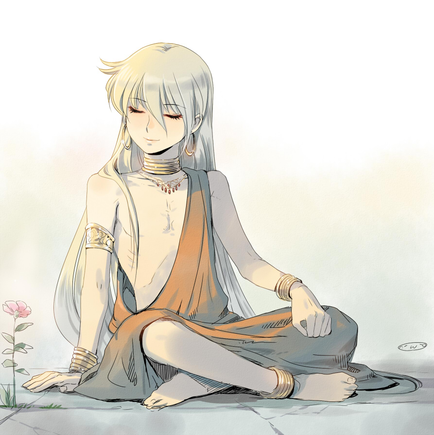 1boy, androgynous, anklet, armlet, bare_shoulders, blonde_hair, bracelet, closed_eyes