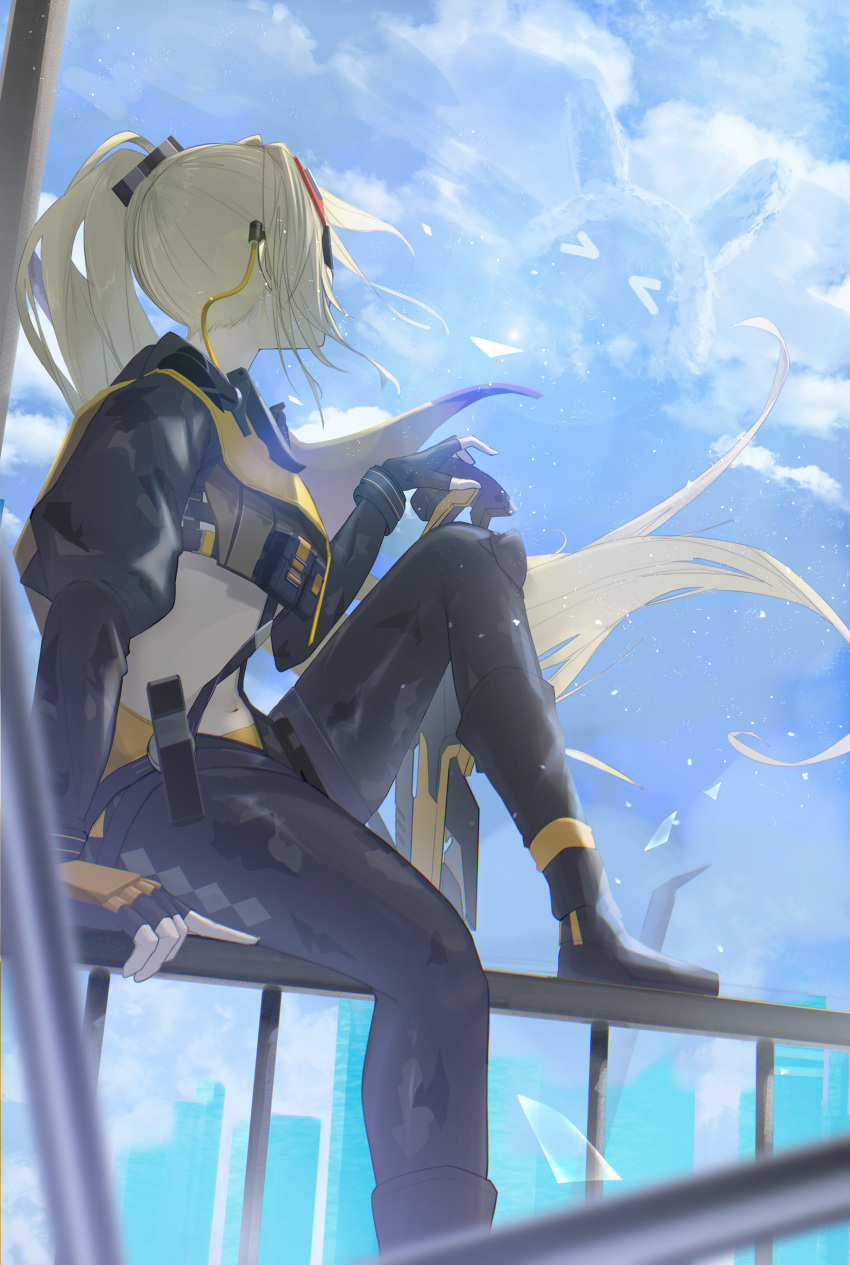 1girl, absurdres, black_blindfold, black_gloves, black_pants, black_shrug, blindfold, blonde_hair