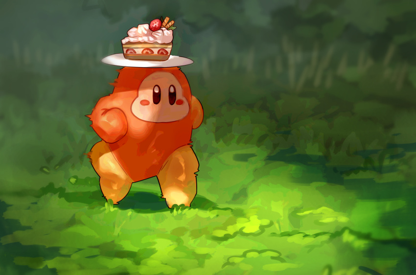 blush_stickers, cake, cake_slice, colored_skin, ehho_ehho_(meme), food, full_body, grass