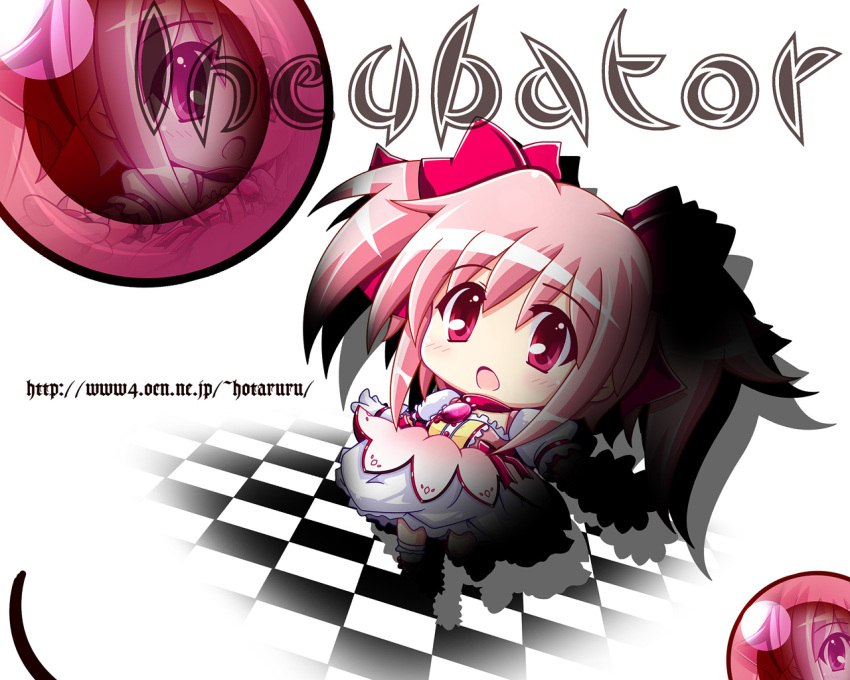 bubble_skirt, checkered, checkered_background, chibi, gloves, hotaruru, kaname_madoka, kyubey