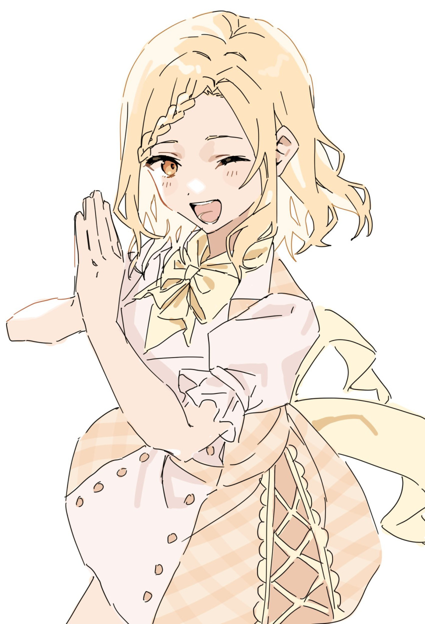 1girl, ;d, blonde_hair, blush, braid, braided_bangs, cowboy_shot, curtained_hair