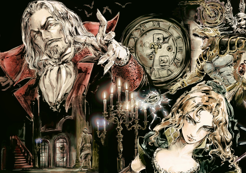 1girl, 1other, 2boys, armor, bat_(animal), beard, blueroguemarl, bow