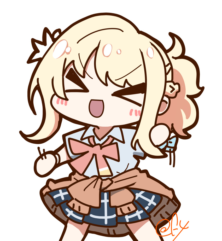>_<, 1girl, :d, absurdres, blue_shirt, blue_skirt, blush, brown_cardigan