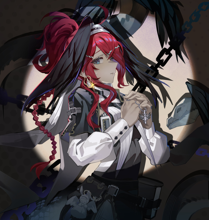 1girl, absurdres, ahoge, arknights, black_capelet, black_dress, blue_eyes, braid, capelet, chain, chinese_commentary, closed_mouth, collar, commentary, dress, earrings, feathered_wings, gracebearer_(arknights), hair_between_eyes, hairband, head_wings, highres, holding, holding_jewelry, holding_necklace, interlocked_fingers, jewelry, long_hair, long_sleeves, looking_at_viewer, necklace, own_hands_clasped, own_hands_together, parted_lips, ponytail, pota_douzhi, praying, red_hair, red_pupils, shirt, sidelocks, single_braid, solo, spotlight, sweatdrop, white_collar, white_hairband, white_shirt, wings