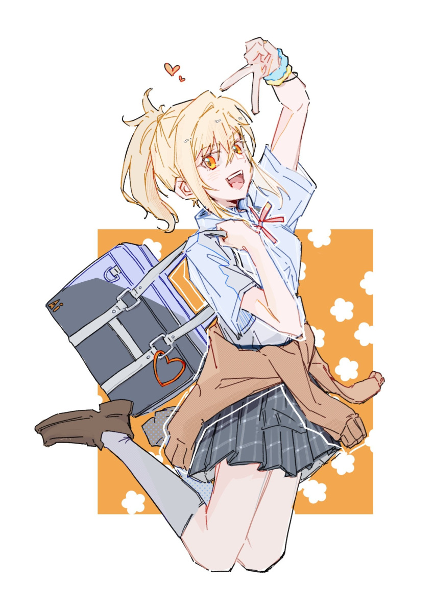 1girl, :d, b1geinu, bag, blonde_hair, blue_shirt, border, brown_cardigan