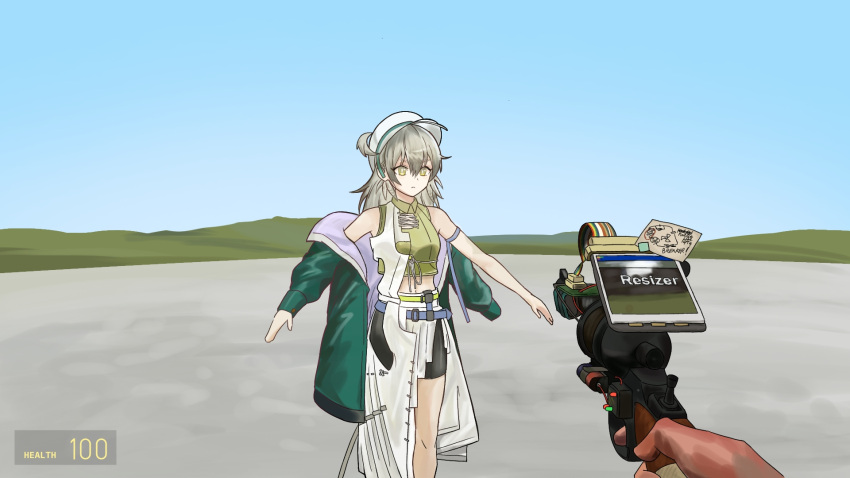 1girl, a-pose, ansr_(stigro), arknights, arm_strap, belt, black_shorts, blue_belt, blue_sky, coat, cropped_shirt, crossover, expressionless, fartooth_(arknights), fartooth_(hear_the_wind_sing)_(arknights), feet_out_of_frame, flatgrass_(garry's_mod), garry's_mod, green_belt, green_eyes, green_shirt, grey_hair, gun, hat, health_bar, highres, holding, holding_gun, holding_weapon, long_hair, looking_ahead, midriff, mountainous_horizon, multiple_belts, outdoors, pov, pov_hands, shirt, shorts, single_sleeve, sky, sleeveless, sleeveless_coat, sleeveless_shirt, solo_focus, standing, tool_gun, weapon, white_coat, white_hat