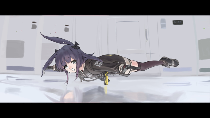 1girl, animal_ears, ansr_(stigro), arknights, black_bow, black_gloves, black_jacket, black_shoes