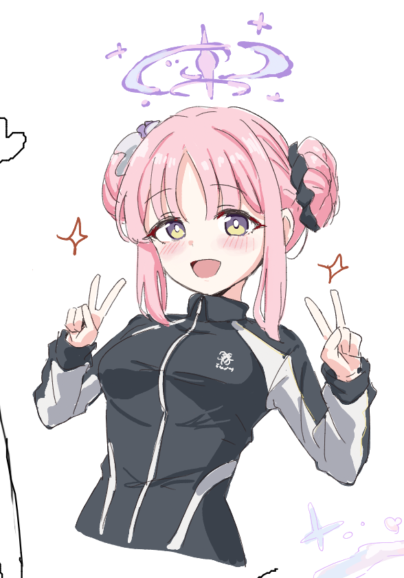 1girl, :d, black_jacket, blue_archive, blush, breasts, double_bun, double_v