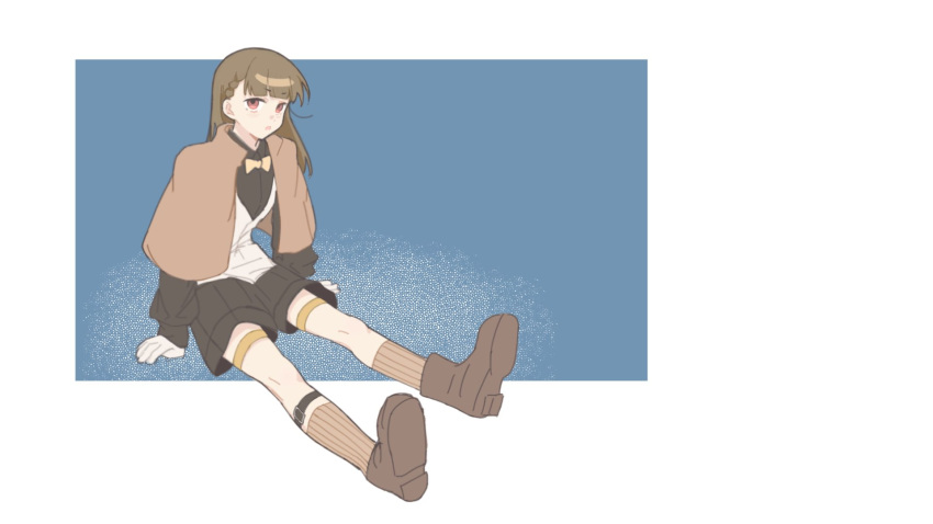 1girl, alternate_costume, black_shirt, black_shorts, blue_background, boots, border, braid
