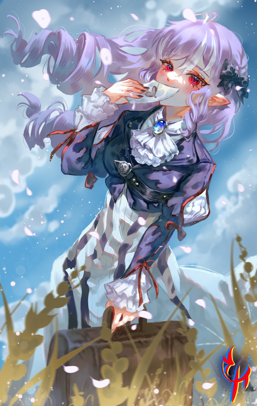 1girl, absurdres, black_ribbon, clouds, cloudy_sky, coconuthound, cosplay, dress