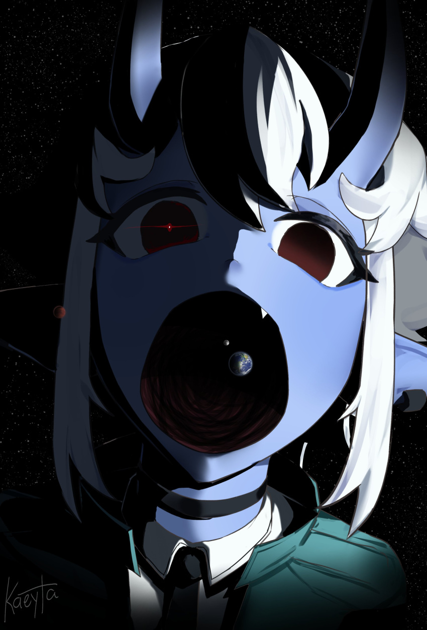 1girl, absurdres, blue_horns, blue_oni, blue_skin, colored_skin, earth_(planet), fang
