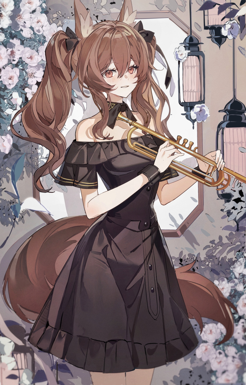 1girl, absurdres, ambience_synesthesia, angelina_(ambience_synesthesia_2021)_(arknights), angelina_(arknights), animal_ear_fluff, animal_ears, arknights, bare_shoulders, black_bow, black_dress, black_ribbon, blush, bow, brown_eyes, brown_hair, dress, fox_ears, fox_girl, fox_tail, hair_between_eyes, hair_ribbon, highres, holding, holding_instrument, holding_trumpet, instrument, long_hair, looking_at_viewer, off-shoulder_dress, off_shoulder, parted_lips, poxiao_buff, ribbon, sidelocks, smile, solo, tail, trumpet, twintails