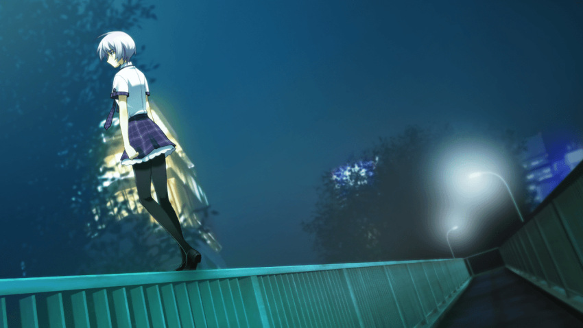 1girl, 3d_background, black_pantyhose, blue_hair, chaos;head, chaos;head_love_chu_chu!, collared_shirt, covered_kneepits