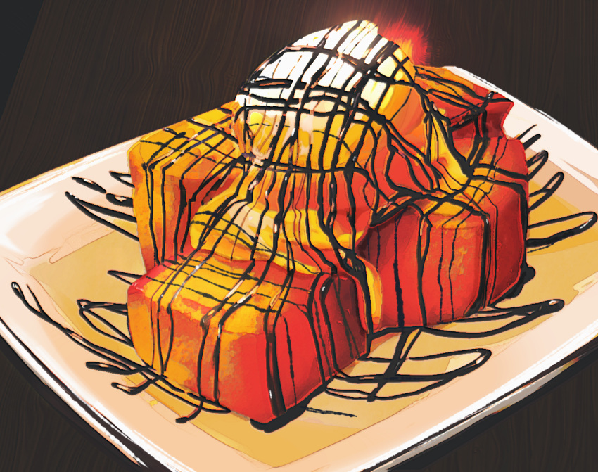 bread, bread_slice, chocolate_syrup, commentary, food, food_focus, french_toast, frying-ammonite, ice_cream, no_humans, original, plate, toast