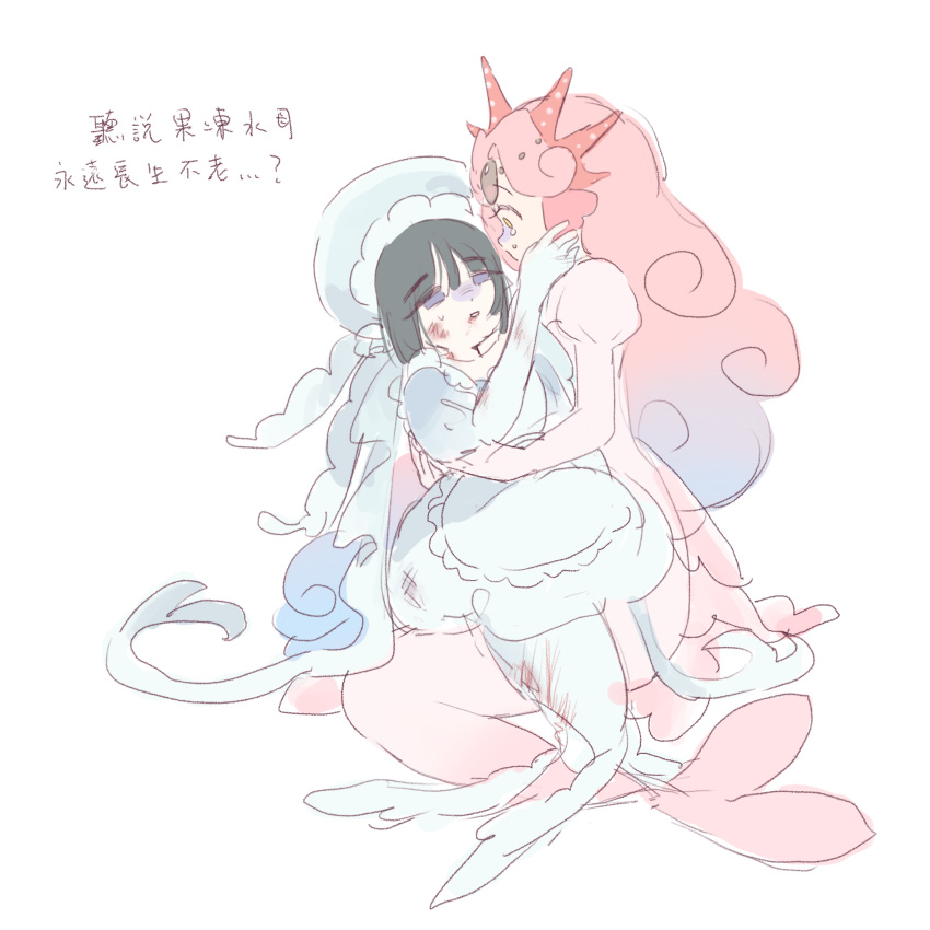 2girls, alien_stage, black_hair, black_pearl_cookie, blue_hair, blue_hat, chinese_commentary, coldmeow