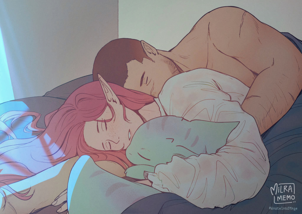 1boy, 1girl, animal, bed, brown_hair, closed_eyes, commentary, dress, english_commentary, gecko, hashtag, indoors, long_hair, long_sleeves, lying, milramemo, nelyne_(milramemo), on_side, original, parted_lips, pillow, pointy_ears, puffy_long_sleeves, puffy_sleeves, scar, signature, sleeping_together, topless_male, under_covers, white_dress