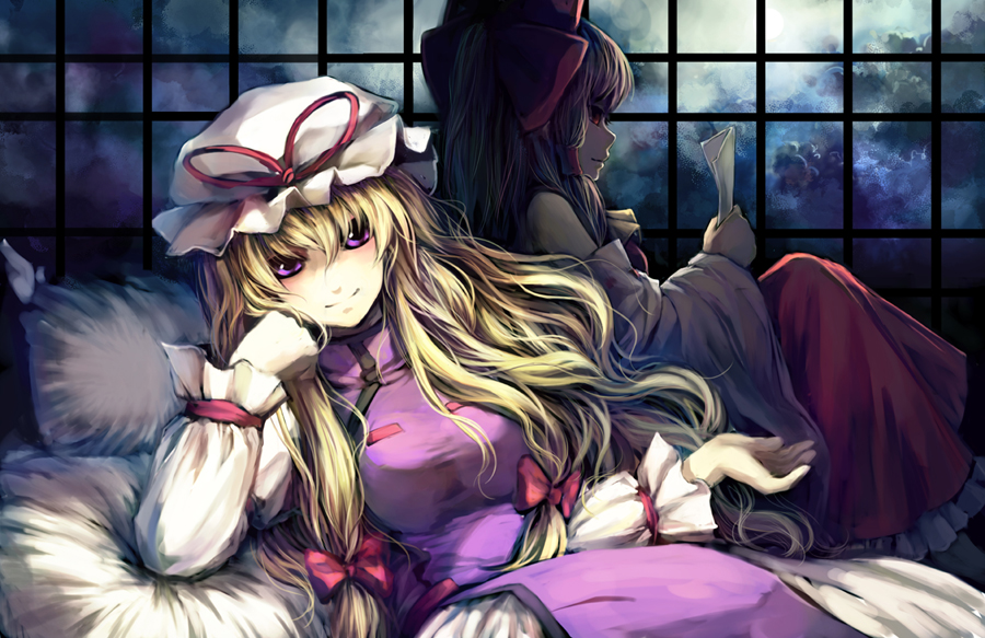 blonde_hair, hakurei_reimu, hat, long_hair, multiple_girls, purple_eyes, red_eyes, sankusa