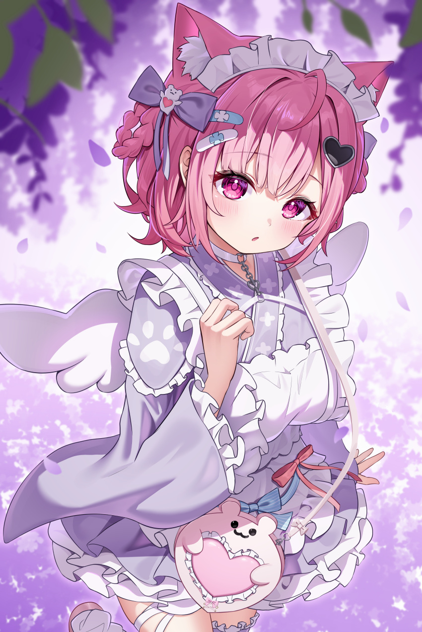 1girl, :o, absurdres, ahoge, angel_wings, animal_ears, apron, bandaid