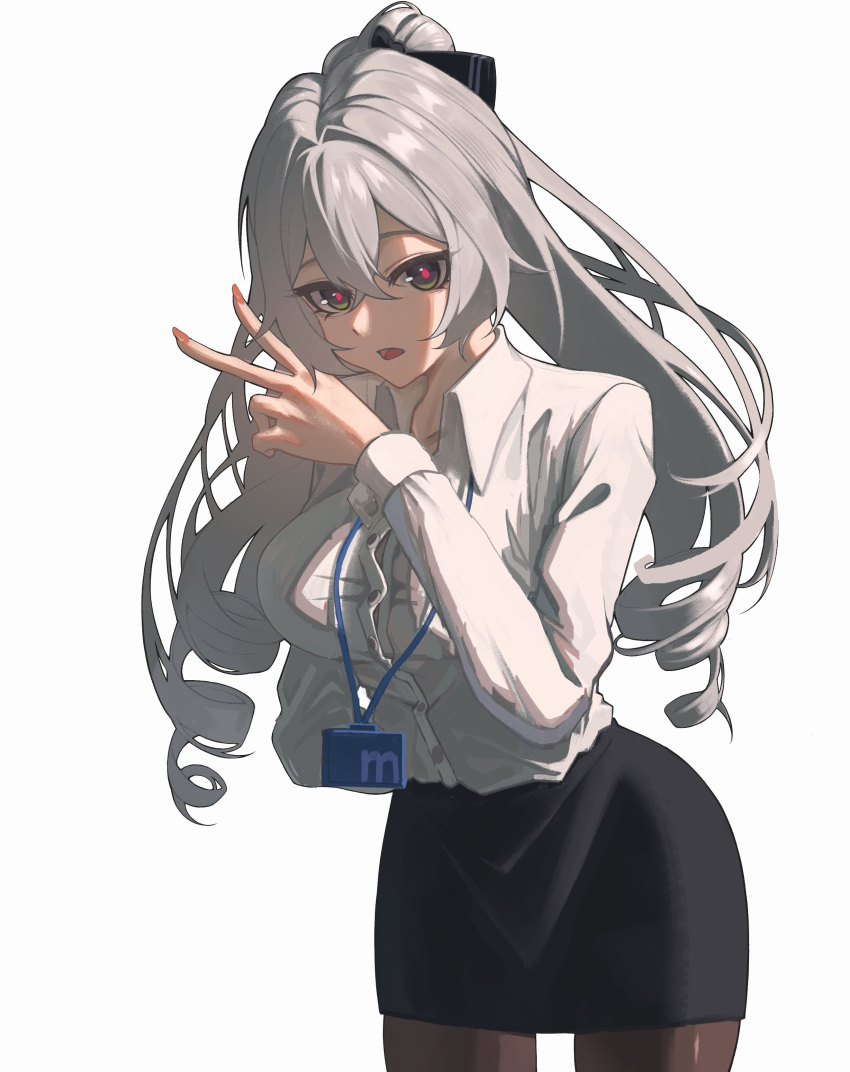 1girl, absurdres, black_skirt, breasts, bronya_zaychik, bronya_zaychik_(outstanding_attitude), bronya_zaychik_(silverwing:_n-ex), brown_pantyhose, chinese_commentary, commentary_request, cowboy_shot, drill_hair, grey_eyes, grey_hair, hand_up, highres, honkai_(series), honkai_impact_3rd, lanyard, large_breasts, long_hair, long_sleeves, looking_at_viewer, miniskirt, official_alternate_costume, open_mouth, pantyhose, pencil_skirt, shirt, simple_background, skirt, solo, standing, v, very_long_hair, white_background, white_shirt, yushengzizishengpian