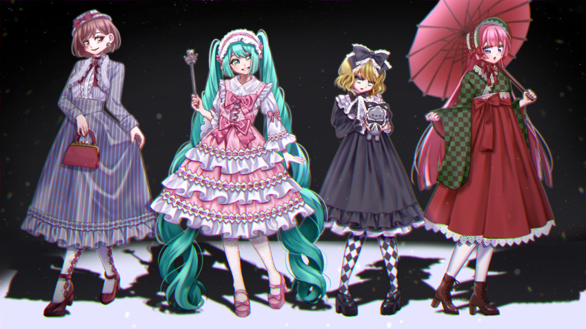 4girls, aqua_eyes, aqua_hair, bag, black_bow, black_dress, black_shoes, blonde_hair, blue_eyes, bonnet, boots, bow, checkered_pantyhose, closed_mouth, clothes_lift, dress, dress_lift, drill_hair, earrings, frilled_bonnet, frilled_dress, frills, hair_bow, hand_up, handbag, hands_up, hat, hatsune_miku, high_heels, highres, holding, holding_staff, holding_stuffed_toy, holding_umbrella, izumikiyomaru, jewelry, kagamine_rin, lace-trimmed_headwear, lace-trimmed_skirt, lace_trim, layered_dress, lolita_fashion, long_hair, long_sleeves, megurine_luka, meiko_(vocaloid), multiple_girls, oil-paper_umbrella, pantyhose, parted_lips, pink_dress, pink_hair, pink_hat, pinstripe_dress, pinstripe_hat, pinstripe_pattern, purple_dress, red_boots, red_eyes, red_hair, red_skirt, shoes, short_hair, skirt, smile, staff, standing, stuffed_toy, twintails, umbrella, very_long_hair, vocaloid, white_pantyhose, yellow_eyes