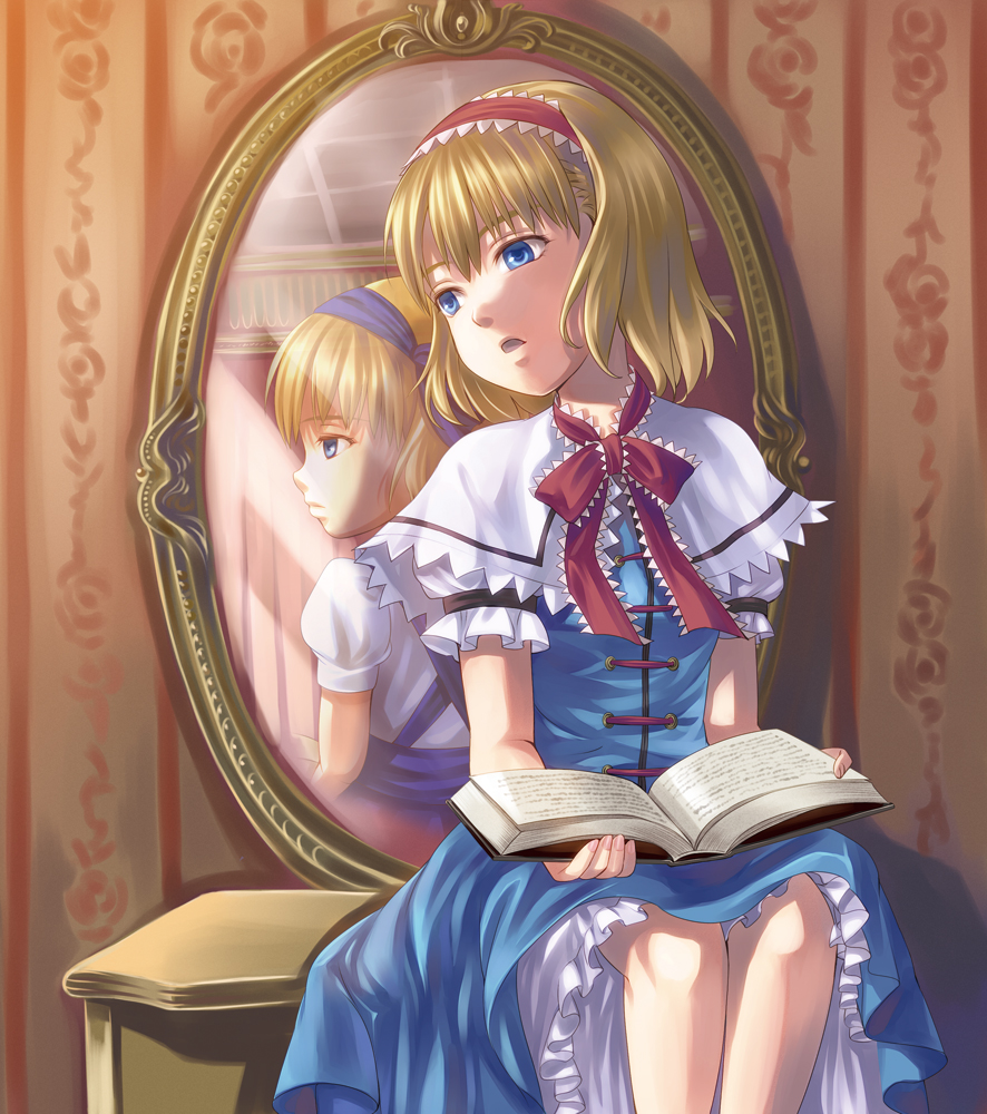 alice_margatroid, alice_margatroid_(pc-98), back-to-back, blonde_hair, blue_eyes, book, bow, capelet, dress, dual_persona, hair_bow, hair_ornament, hairband, kyuu_umi, mirror, multiple_girls, short_hair, sitting, touhou, touhou_(pc-98)