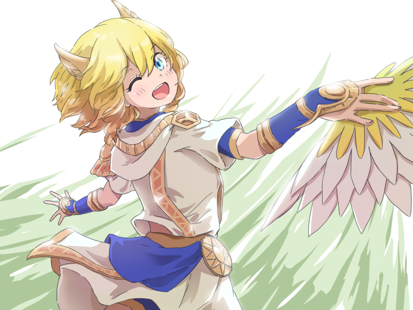 1girl, arm_guards, blonde_hair, blue_eyes, blue_trim, commentary_request, dancer, dragon_quest