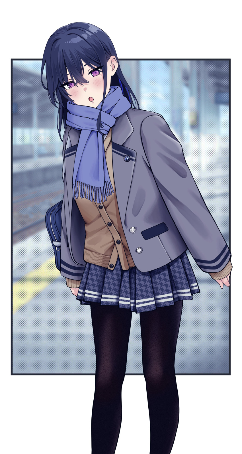 1girl, absurdres, adapted_costume, bag, black_hair, blazer, blue_scarf, blue_skirt
