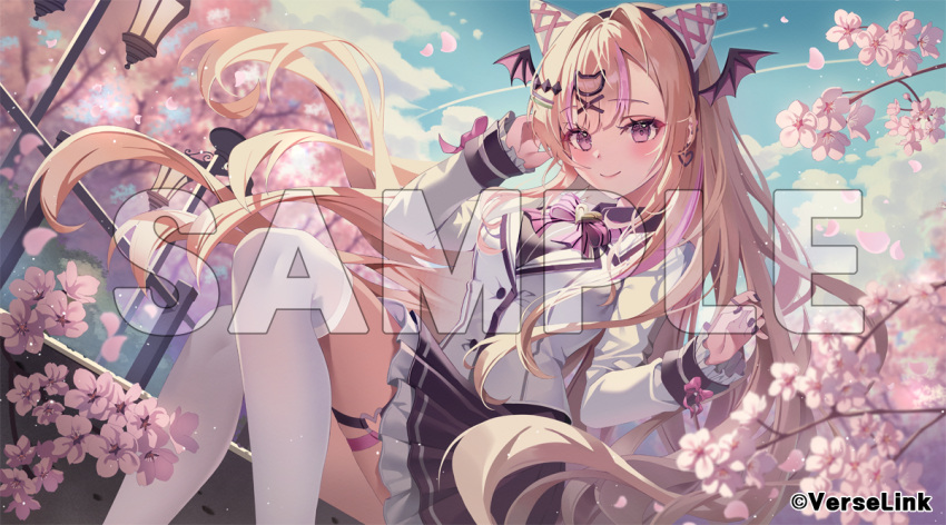 1girl, blonde_hair, blue_sky, blush, bow, bowtie, breasts, brown_skirt, cat_hair_ornament, cherry_blossoms, commentary_request, copyright_notice, crossed_legs, earrings, fake_head_wings, feet_out_of_frame, gin_(gin937), hair_ornament, head_wings, jacket, jewelry, lantern, long_hair, looking_at_viewer, medium_breasts, mira_saiko, official_art, outdoors, pink_eyes, pleated_skirt, purple_bow, purple_bowtie, sample_watermark, sitting, sitting_on_stairs, skirt, sky, smile, solo, stairs, thigh-highs, thigh_strap, verselink, very_long_hair, virtual_youtuber, watermark, white_jacket, white_thighhighs, wings, x_hair_ornament