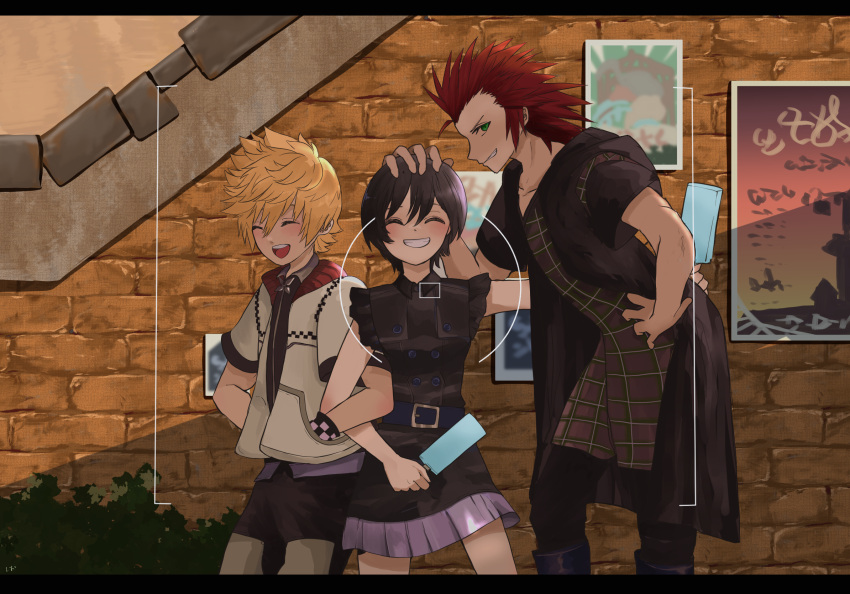 1girl, 2boys, axel_(kingdom_hearts), black_dress, black_hair, blonde_hair, blush, camera_pov