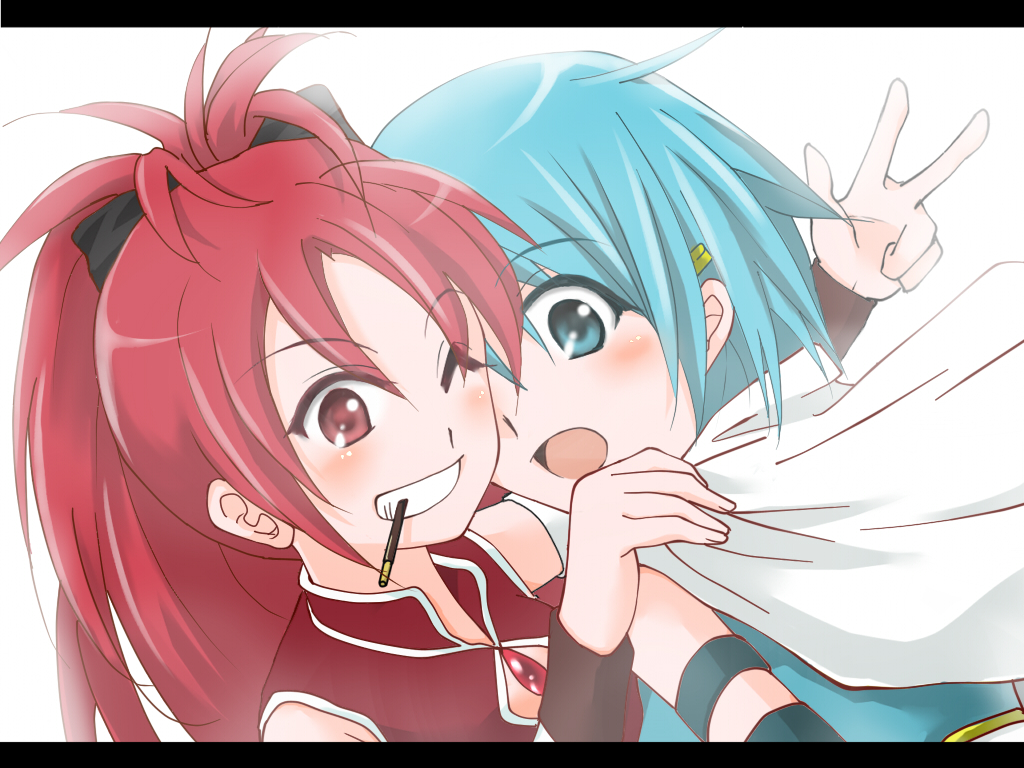 2girls, blush, long_hair, magical_girl, mahou_shoujo_madoka_magica, miki_sayaka, multiple_girls, numanuma
