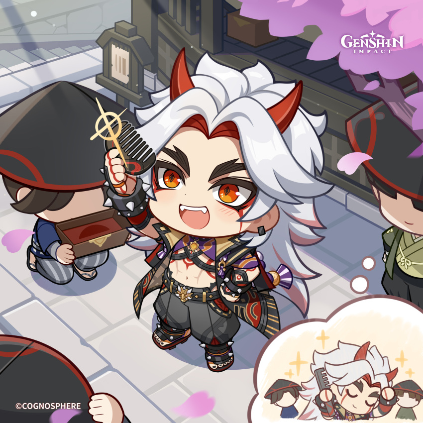 4boys, abs, absurdres, akira_(genshin_impact), arataki_itto, belt, black_hat, black_nails